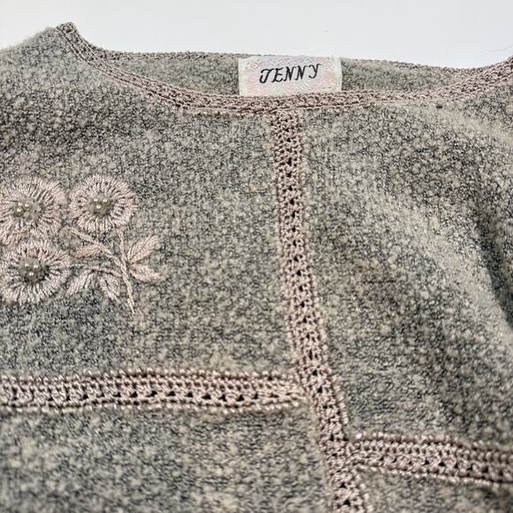 Vintage Jenny Boucle Sweater M Sage Gray Floral Embroidered Bead Cottagecore 90s - Picture 2 of 12